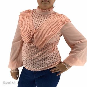 INA- Mock Neck Ruffle Trim Pointelle Lace Blus Top